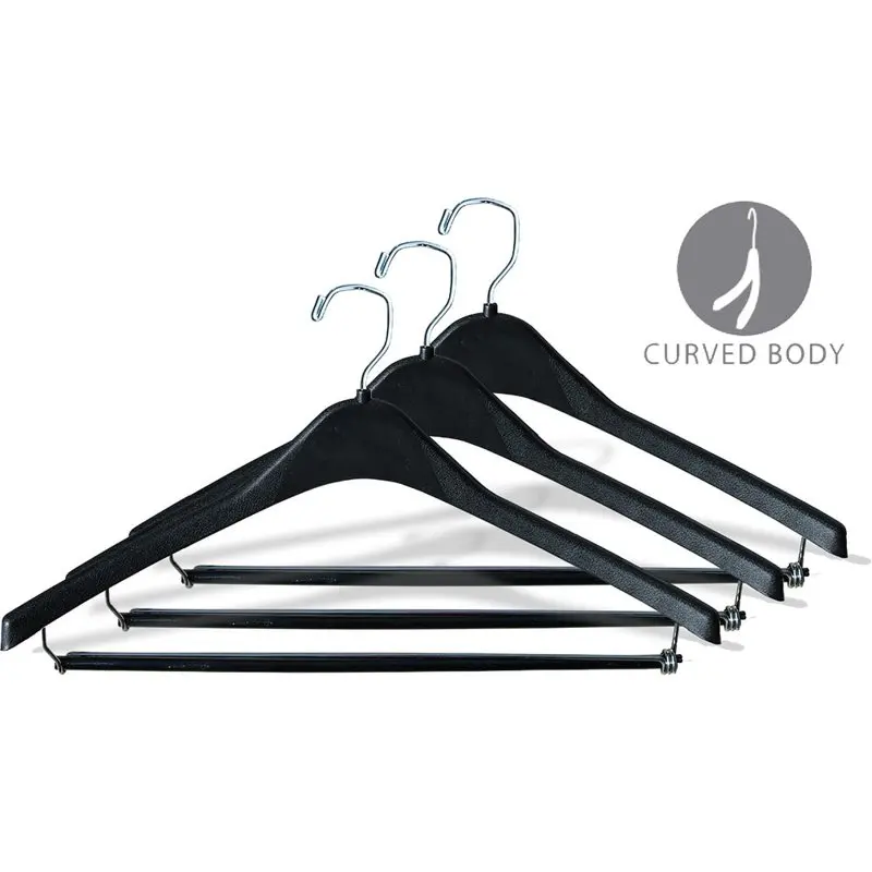 

Company Heavy-Duty Black Plastic Coat Hanger with Locking Pant Bar, Box of 100 1/2 Inch Thick Countoured Hangers with Chrome