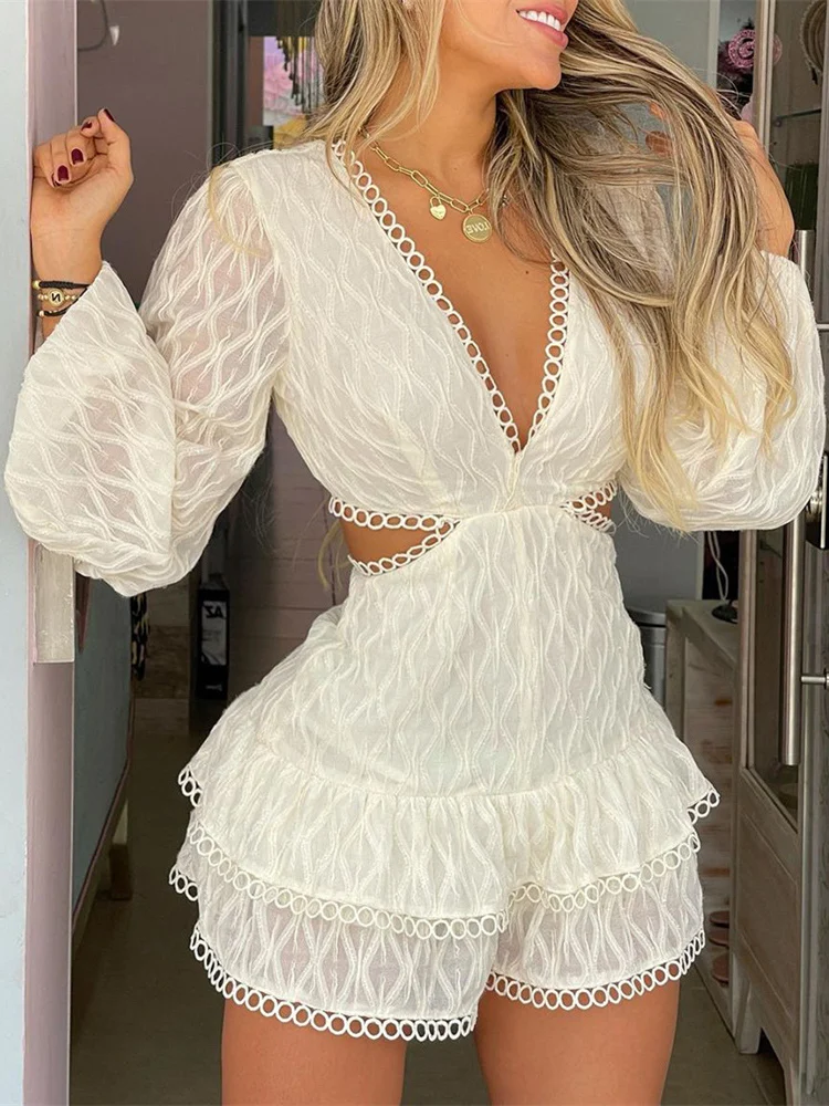 

Mandylandy Women Elegant Summer Playsuit Fashion Y2K Long Sleeve V Neck High Waist Corset Hollow Out Shorts Romper Overalls