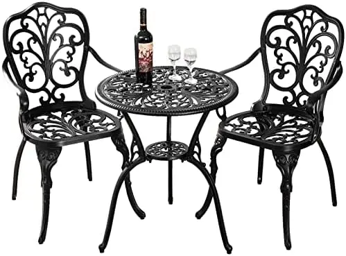 

Set 3 Piece Outdoor, Cast Aluminum Bistro Sets, All Weather Outdoor Bistro Table and Chairs Set of 2 with Umbrella Hole, Outdoo
