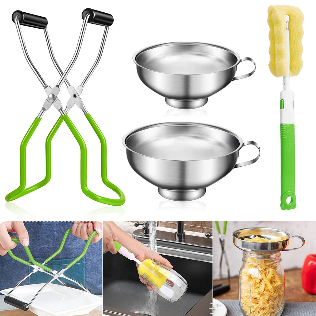 

NEW 4Pcs Canning Funnel Stainless Steel Canning Jar Lifter with Grip Handle and Cleaning Brush Anti-slip Anti-scalding Canning
