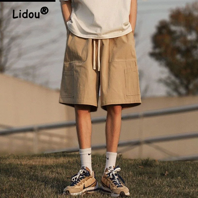 Vintage Fashion Solid Color Men's Cargo Shorts New Classic Street Casual Waist Drawcord Summer All-match Fashion Male Short