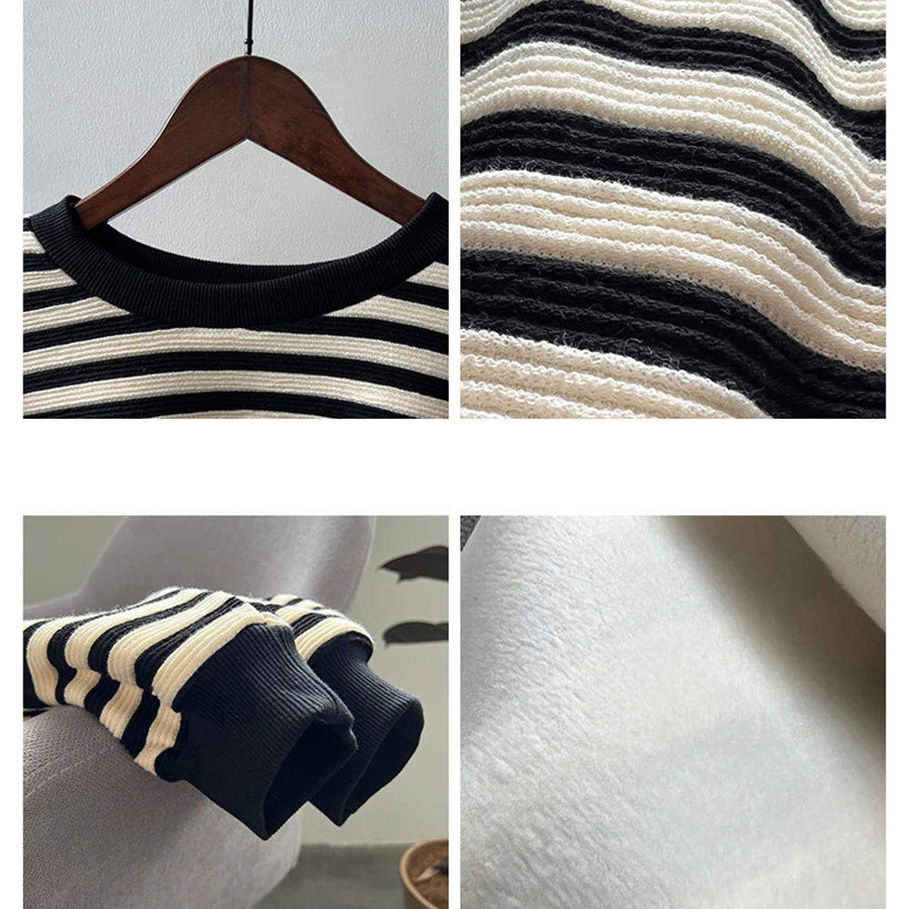 Striped Women's Hoodies 2023 New Spring Retro Round Neck Designer Fashion Thicken Fleece Winter Female Tops Hoodie Woman