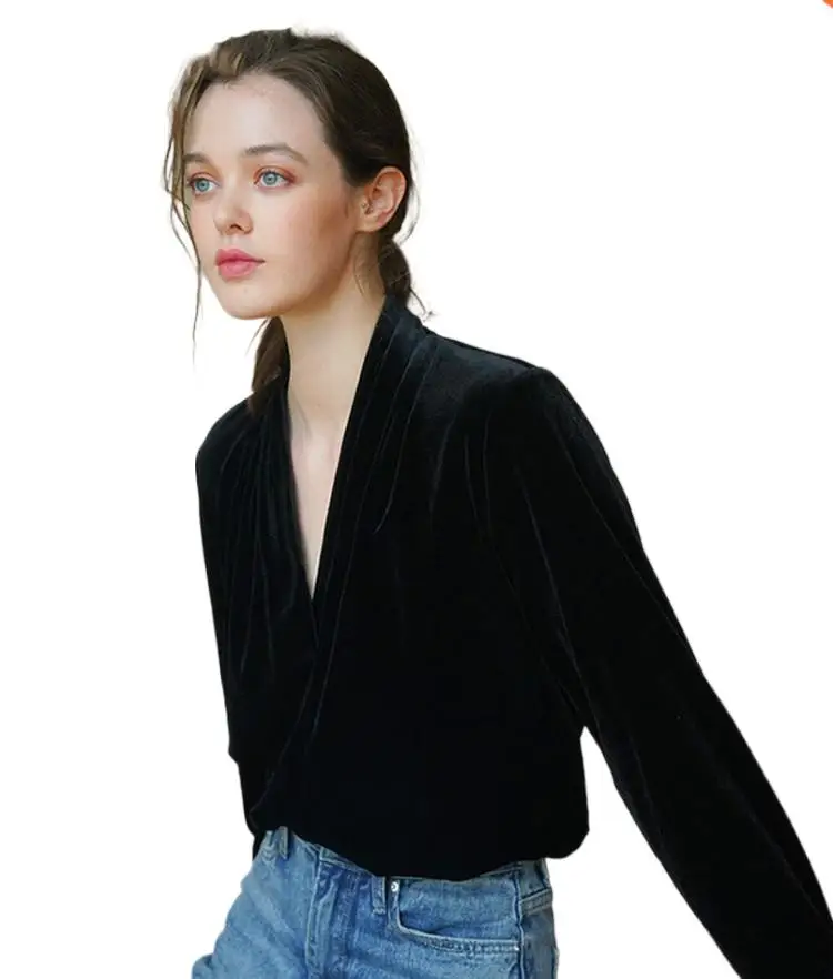 

Элегантная Офисная Женская велюровая блузка, модная повседневная женская золотистая бархатная рубашка с глубоким V-образным вырезом, Бордовые женские элегантные рубашки