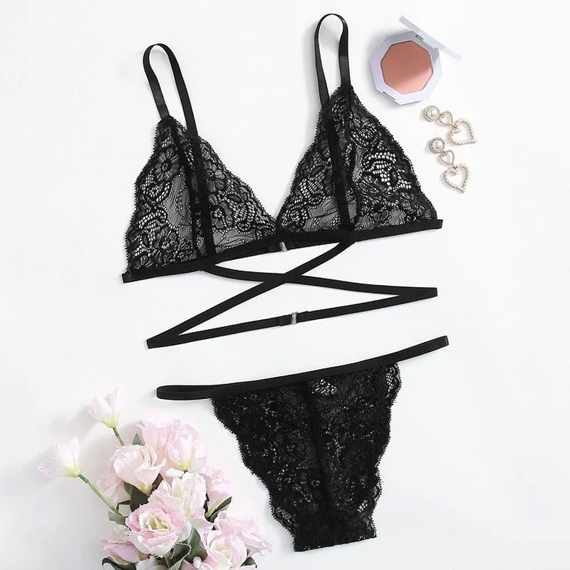 

Two Piece Set European Clothing Lace Mesh See-through Erotic Porno Women Lingerie Three-point Sexy Women Bikini Suit