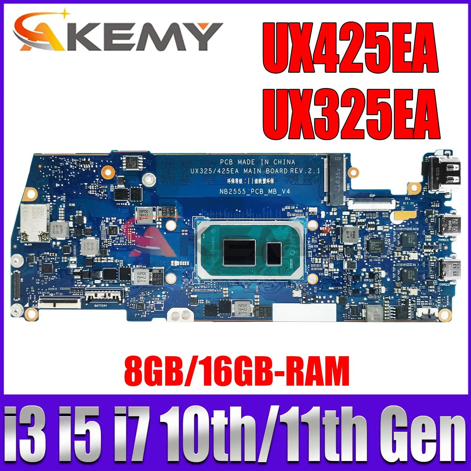 

UX425EA UX325EA motherboard with i3 i5 i7 10th/11th Gen CPU For Asus ZenBook 14 13 UX425EA UX325EA Laptop Motherboard 8G 16G RAM