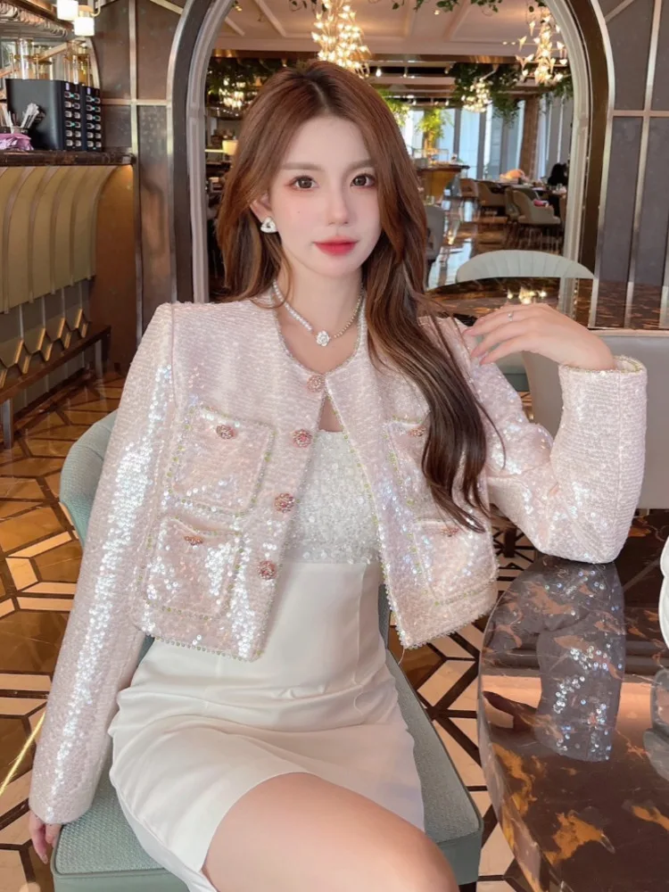 

French Luxury Small Fragrant Short Jackets For Women 2023 Autumn Y2K Fashion Sequins Coat Korean Fashion Sweet Outerwear Jaqueta