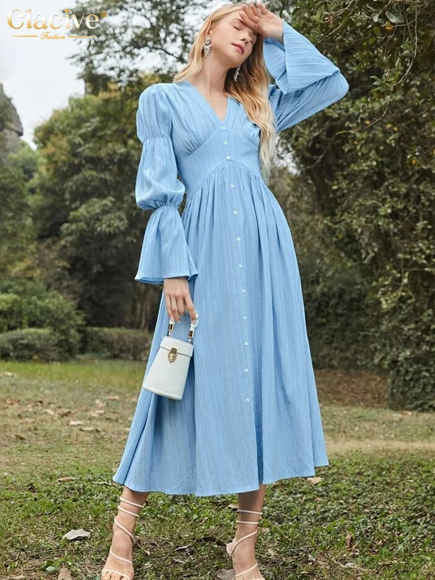 

Clacive Sexy Blue Women'S Party Dresses Autumn Bodycon V-Neck Petal Sleeve Midi Dress Elegant Slim Single-Breasted Female Dress