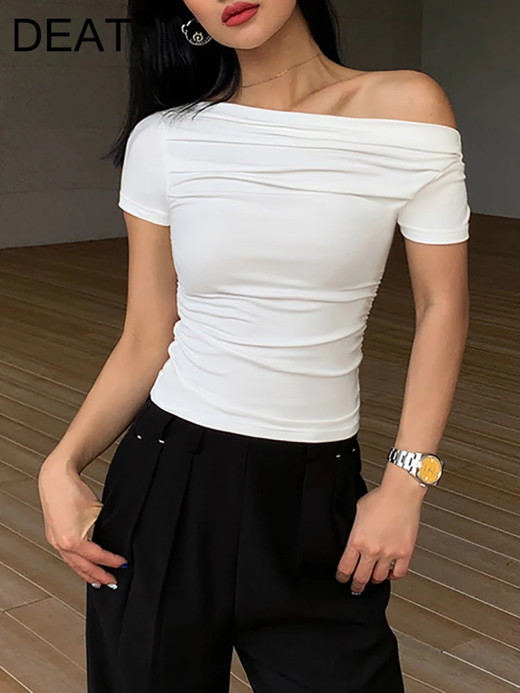 

Женская футболка с открытыми плечами DEAT, однотонная облегающая футболка с воротником-лодочкой и коротким рукавом, лето 2023