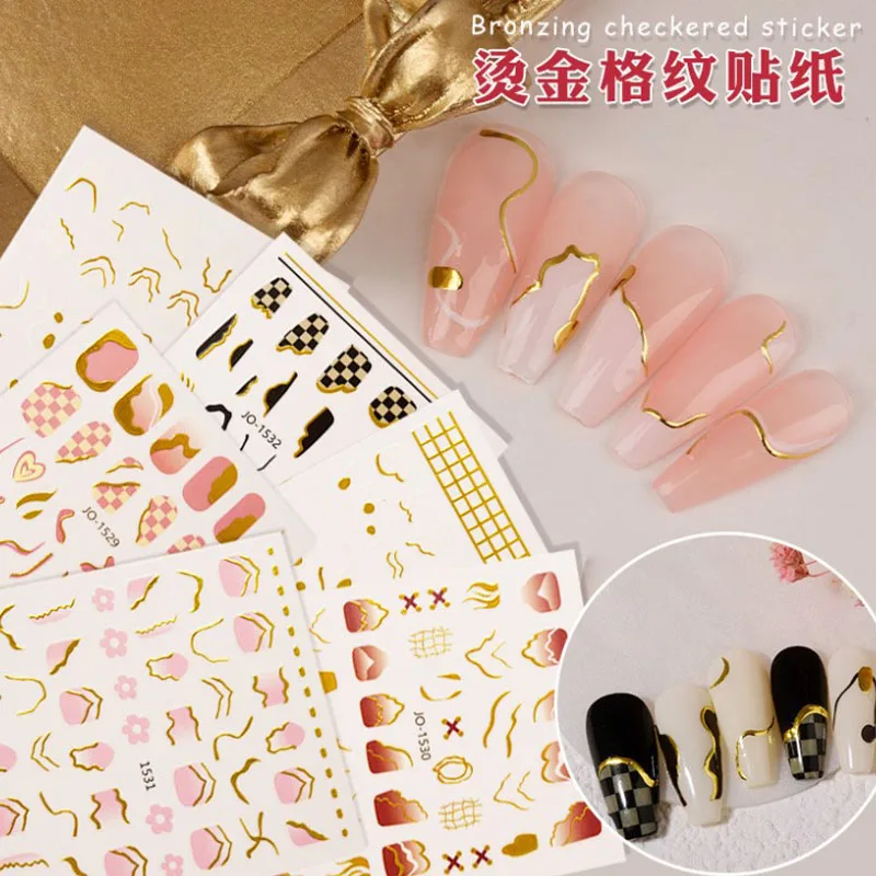 

3D Bronzing French A Checkerboard Nail Sticker Geometric Waved Star Heart Self Adhesive Slider Papers Nail Art Transfer Stickers
