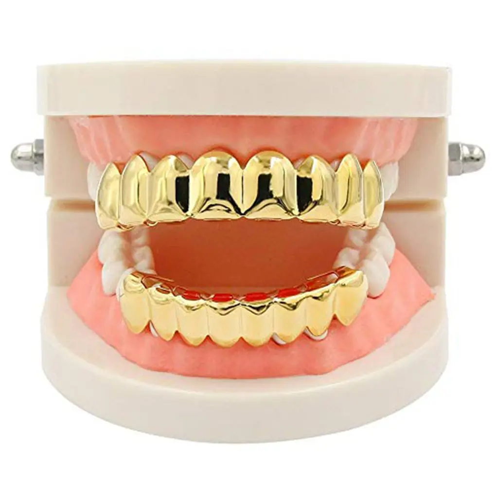 

Top Bottom False Teeth Portable Halloween Mouth Grills Gifts Copper Plated Gold Tooth Caps Party for Cosplay Costumes