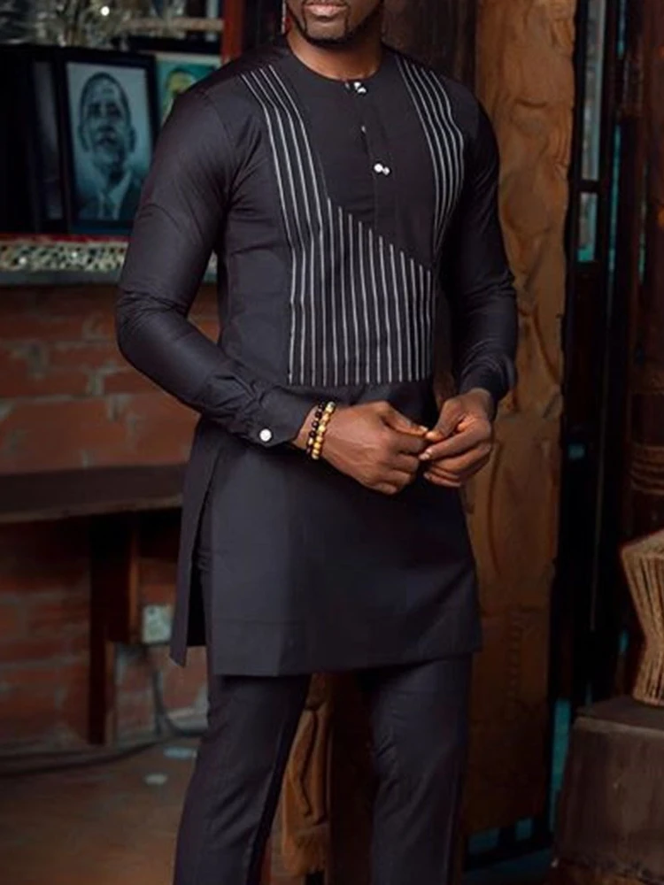 Ramadan Eid Muslim Fashion Black Casual Striped African Men Long Sleeve Shirts Kurta Men Arabic Shirt European Clothing New 2022