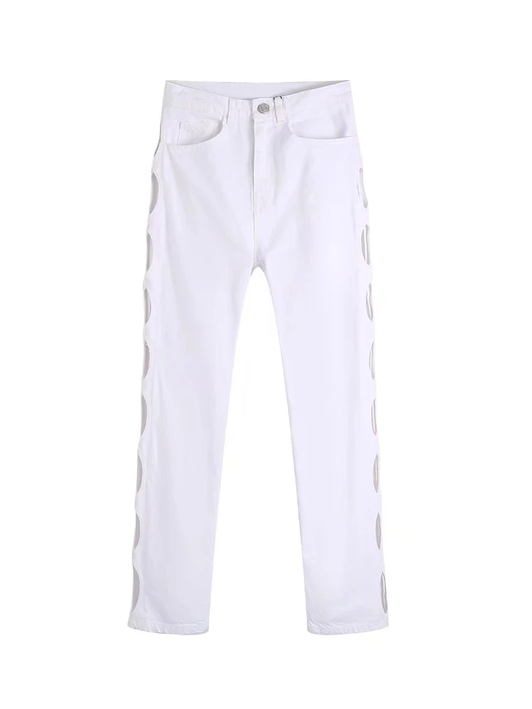 

2022 Summer Women Straight Jeans Pants Fashion Hollow Out Button Zipper White Female Casual Street Jeans Trousers