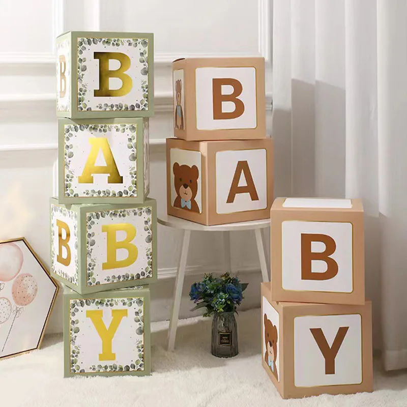

4pcs Baby Letters Balloon Boxes Bear Wood Color Green Forest Bronzing Letter Paper Box Baptism Birthday Party Decoration Shower
