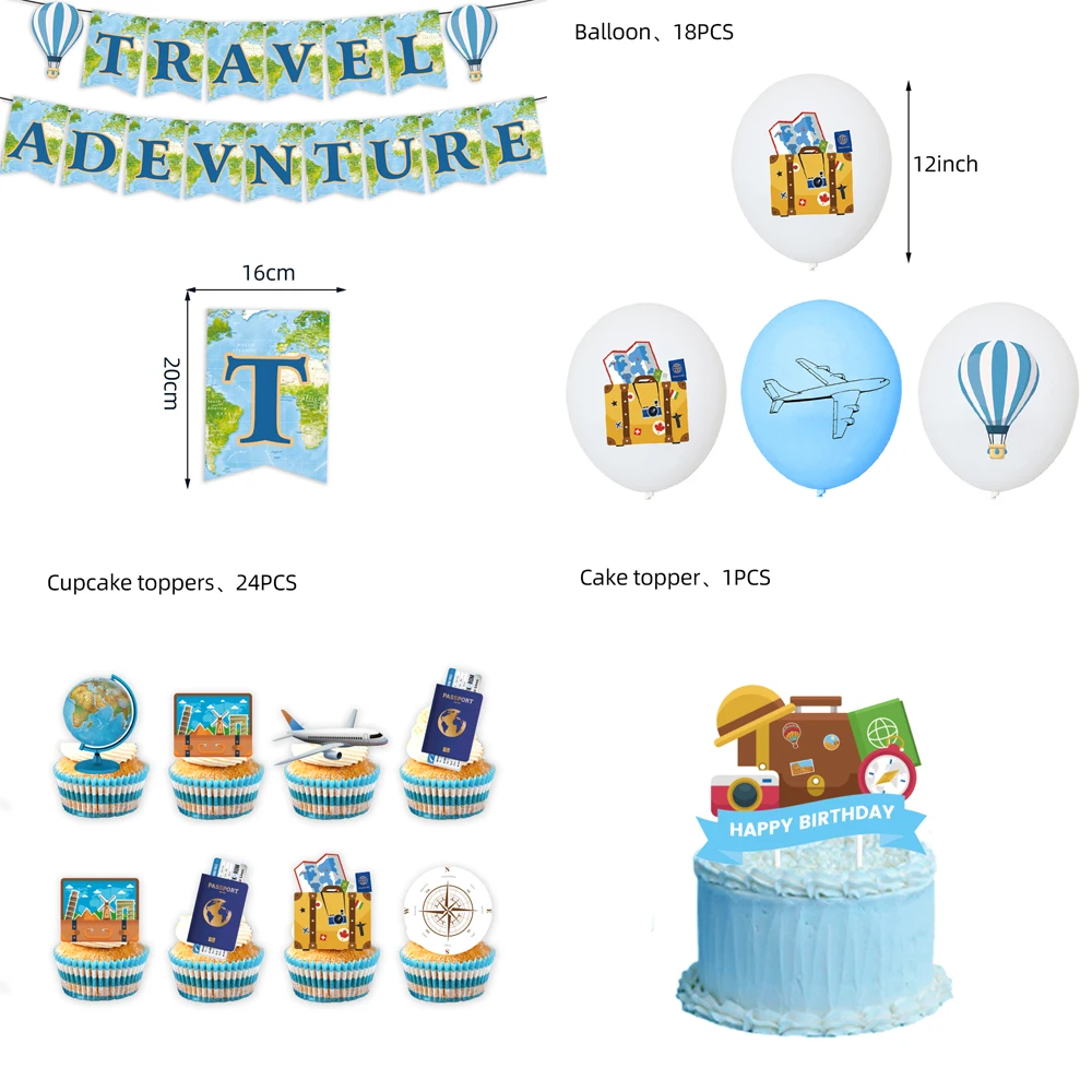 

First Travel Theme World Tourism Decoration Set Travel Map Flag Pull Banner Cake Card Airplane Balloon Retirement Party