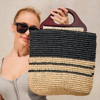 vintage wooden handle straw women handbags paper woven large tote bag handmade striped summer beach bags casual bali shopper sac