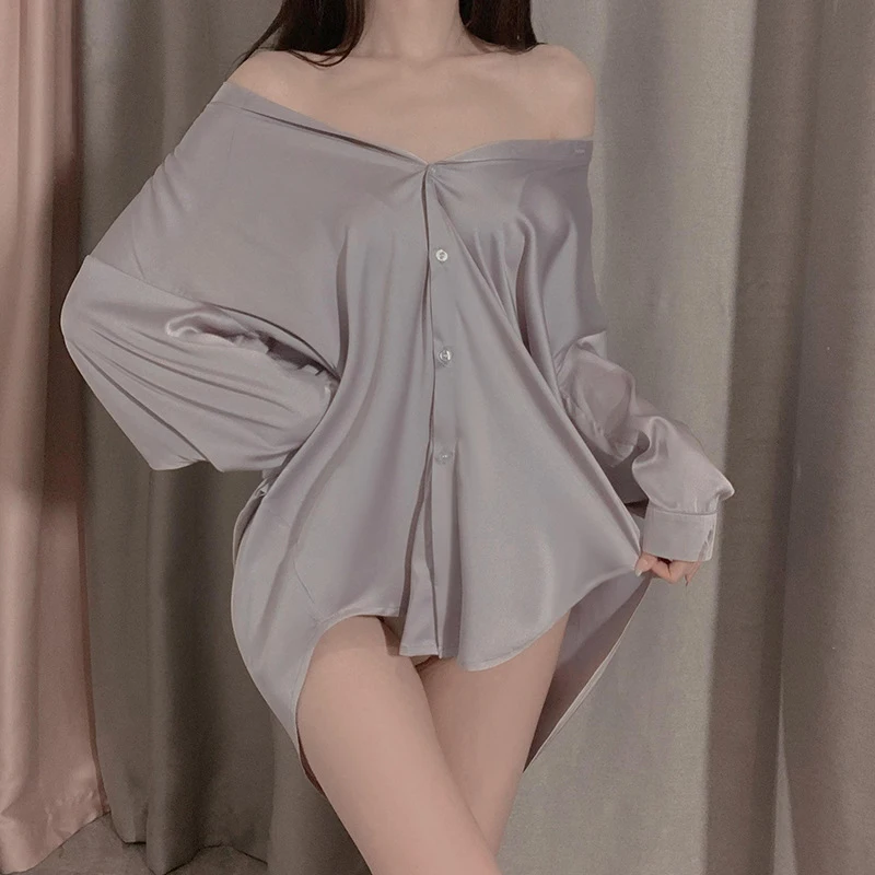 Sexy Sleepwear Lingerie Robe Pajamas Dress Women Home Wear Nightgown Silk Loose Long Sleeve Boyfriend Shirt Sleep Tops Nightwear