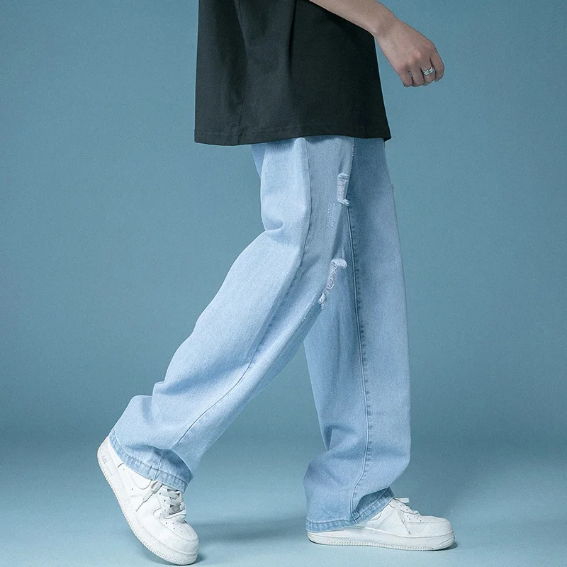 Summer Ripped Baggy Jeans Men Fashion Casual Wide Leg Jeans Street Loose Hip Hop Straight Hole Denim Pants Mens Trousers M-2XL
