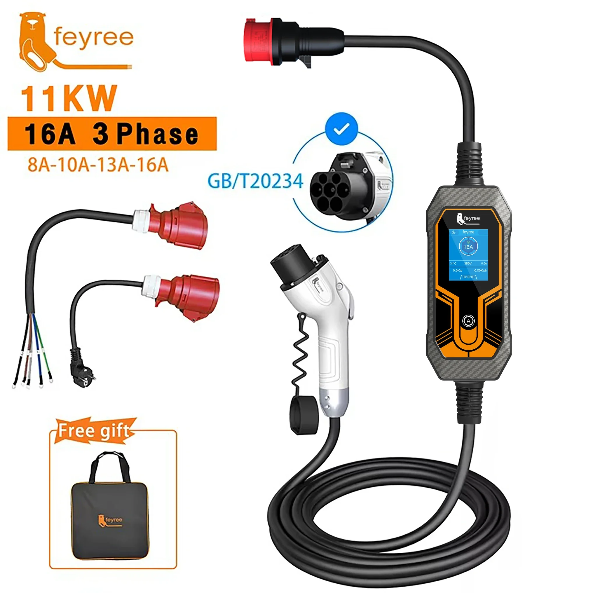 Feyree 11KW 16A 3-фазный шнур GB/T Адаптер зарядного устройства для электромобилей Портативная зарядная коробка Автомобильное зарядное устройство EVSE с кабелем 5 м для электромобиля