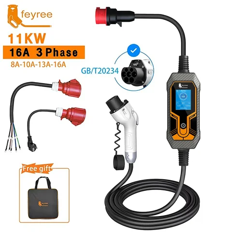 Feyree 11KW 16A 3-фазный шнур GB/T Адаптер зарядного устройства для электромобилей Портативная зарядная коробка Автомобильное зарядное устройство EVSE с кабелем 5 м для электромобиля