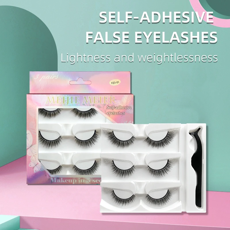 

3 Pair Reusable Self-adhesive False Eyelashes 3D Mink Lashes Glue-free Eyelash Extension 3 Seconds to Wear No Glue Needed Lashes