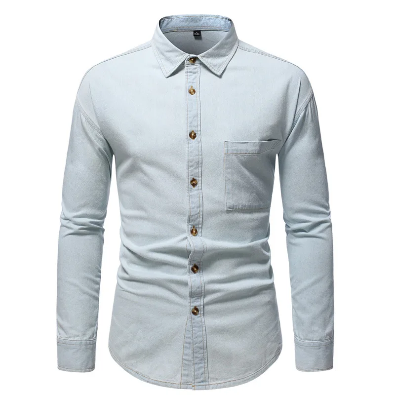 

2022 Men's Fashion Denim Dress Shirt Solid Color Long Sleeve Slim Fit Button Down Casual Top Male Luxury Formal Shirts S-4XL