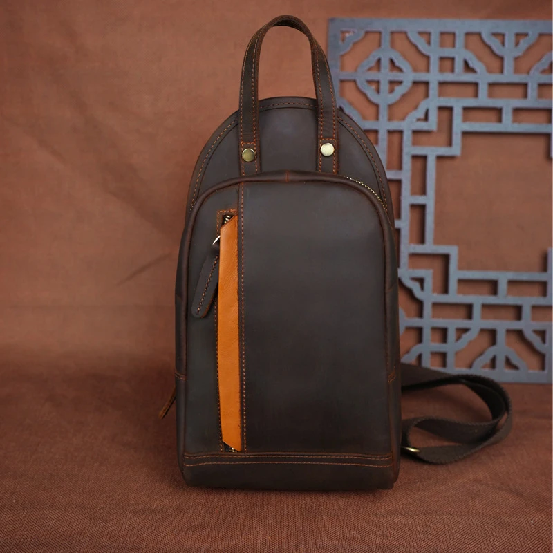 EUMOAN   Fashion retro large-capacity leather men's chest bag simple and convenient storage portable shoulder messenger bag