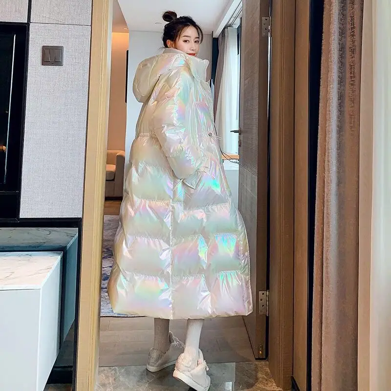 Winter Coat for Women Parka Women's Long Hooded 2023 Winter New Gloosy Bright Over Knee Jacket Winter Parka Zipper Pockets S80