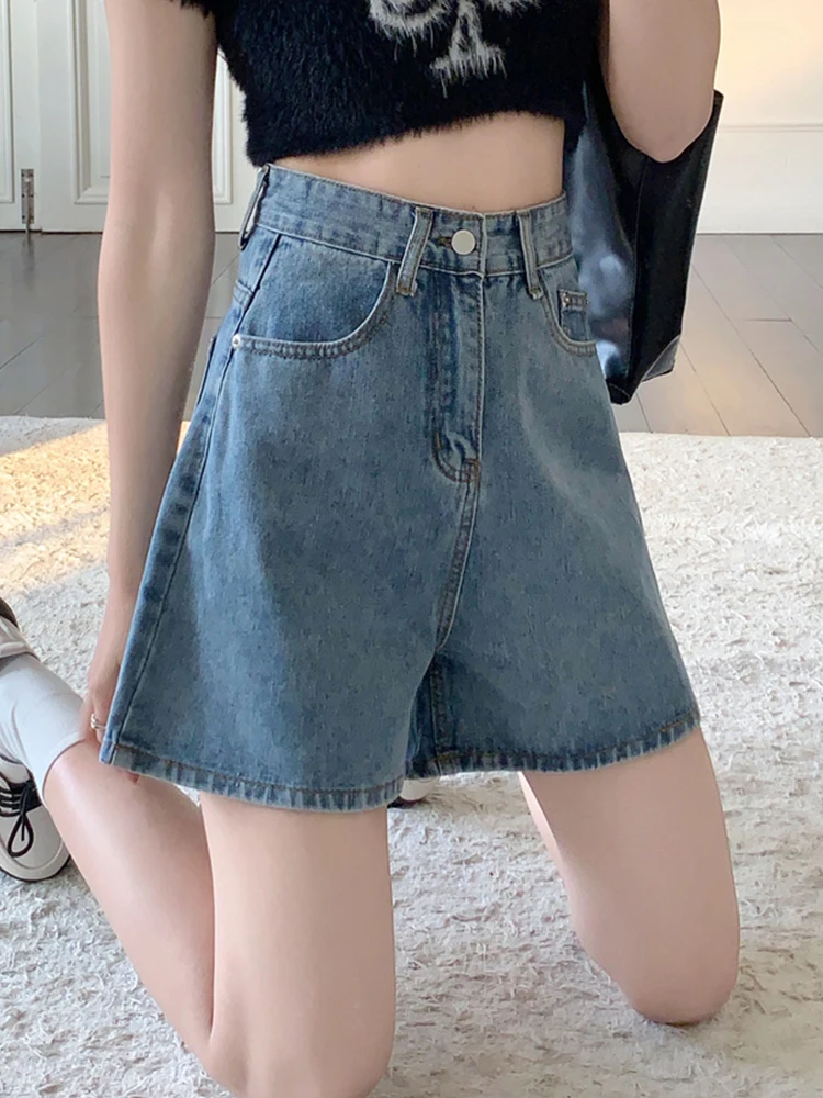 New Streetwear Women Retro High Waist Loose Blue Denim Shorts Spring Summer Female Wide Leg Jeans Shorts Bottoms