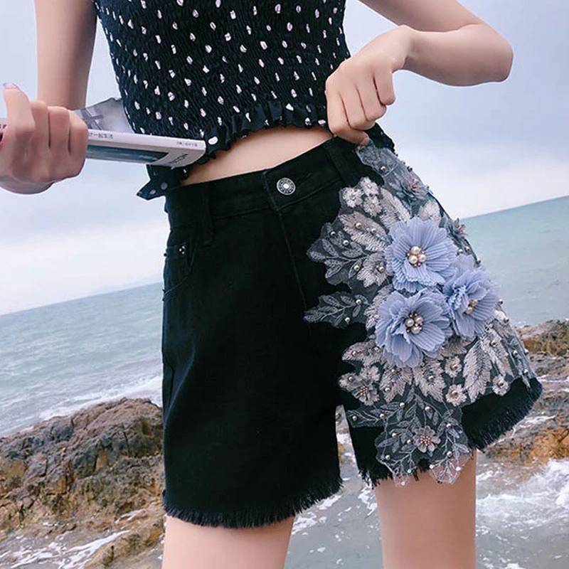 2021 Summer Fashion Women Oversized Jean Shorts Female High Waist Wide Leg Tassel Embroidery Flower Red Black Blue Denim Shorts