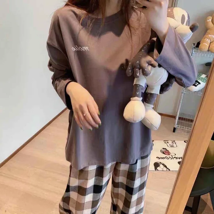 New Spring Autumn Pajamas Women's Checkered Letter Suit Loose Long Sleeve Casual Korean Version Home Wear Sleepwear Nightwear