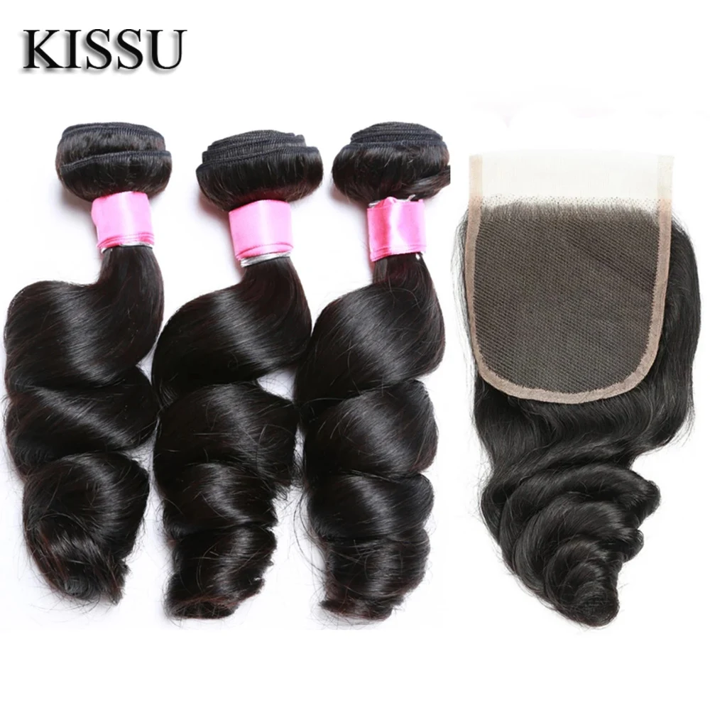 

KISSU Human Hair Loose Wave Bundles With Closure Brazilian Remy Human Hair 3 Bundles With Swiss Lace Closure Natural Color