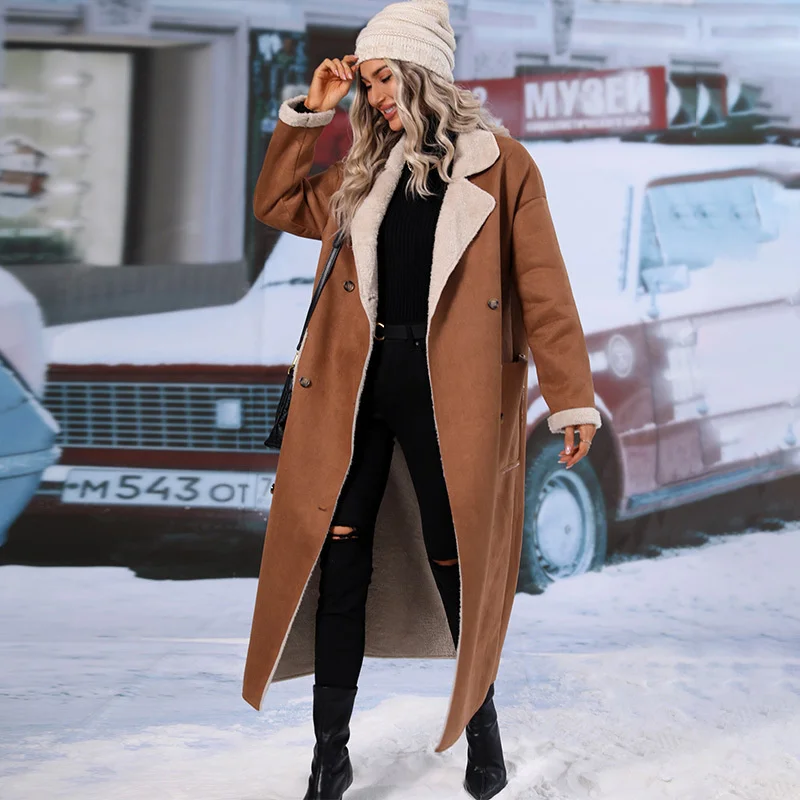 Fashionable New Women's Dress Suede Fur One piece Wool Suit Collar Pocket Cuff Collar Long Coat Women's Windbreaker Coat