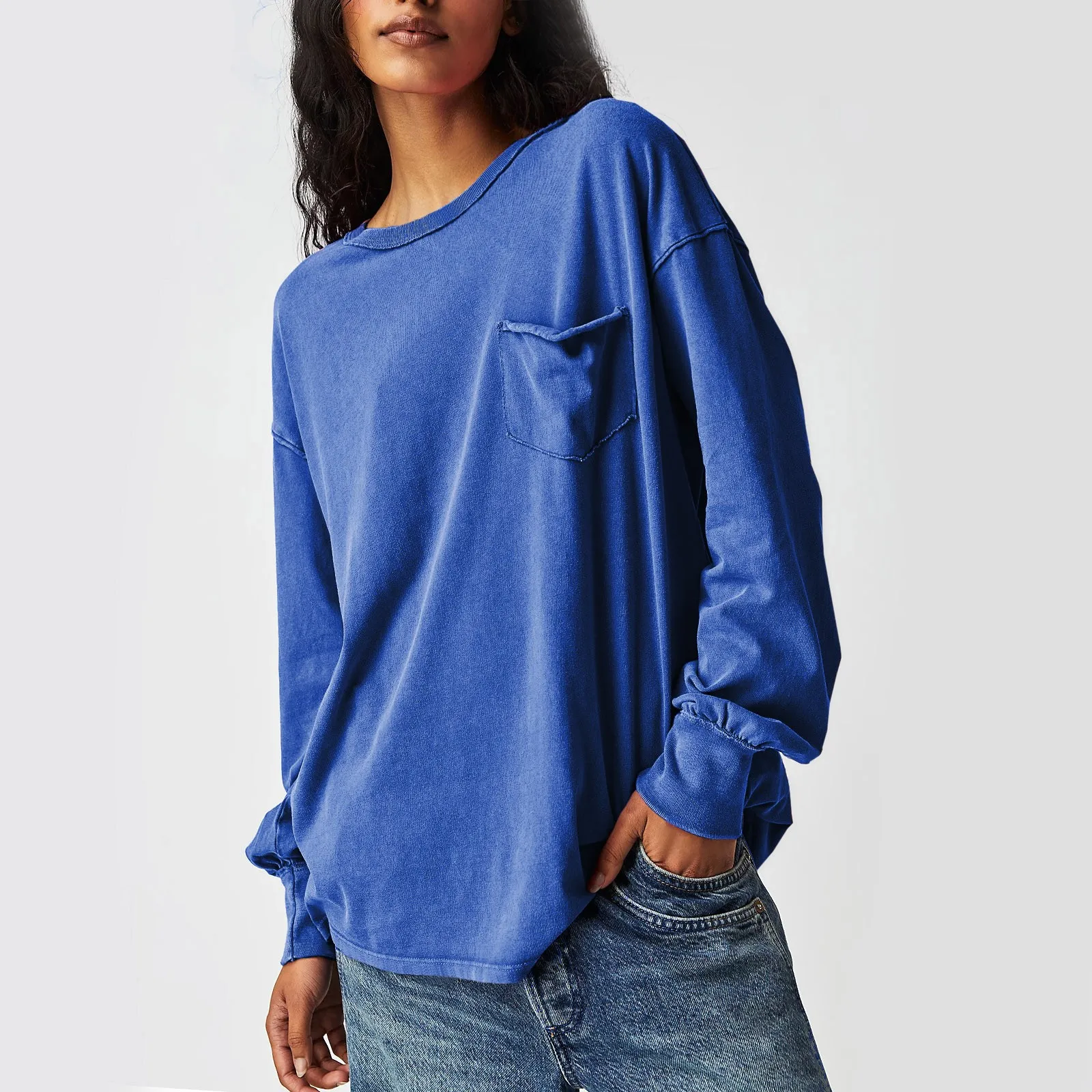 

Женский свитшот с круглым вырезом и Боковым Разрезом, женские свободные свитшоты, однотонные повседневные спортивные топы большого размера