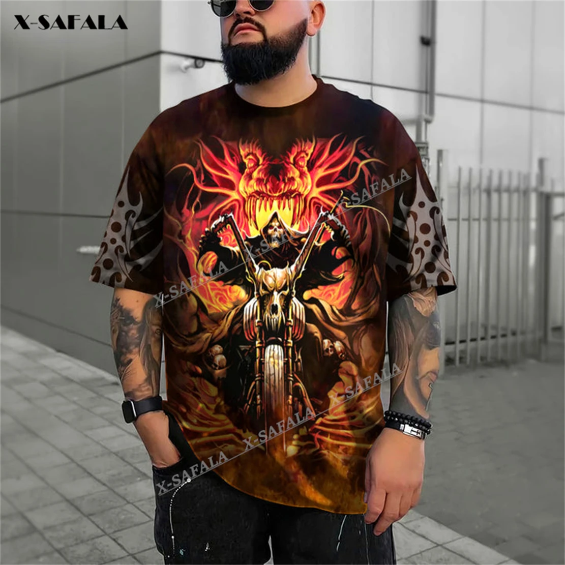 

Grim Reaper Ghost Rider Fire Skull 3D Printed T-Shirts Tops Tees Short Sleeve Casual Milk Fibe Better Cotton O Collared Summer