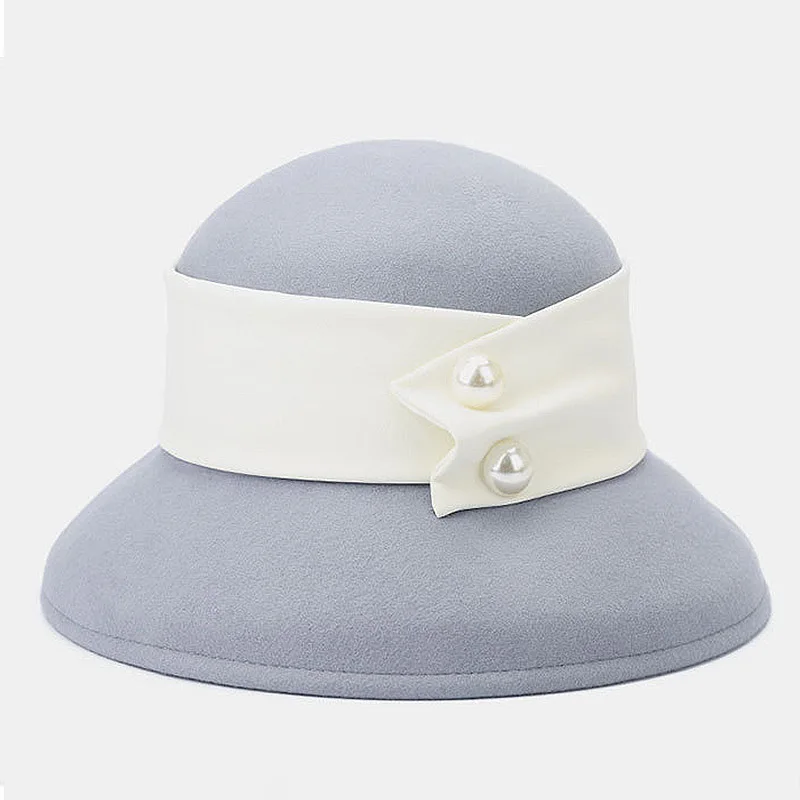 Retro Style Winter Women Fedoras Perals Button PU Band Geniue Wool Cloche Hat Warm Felt Floppy Wide Brim Dress Formal Church Hat