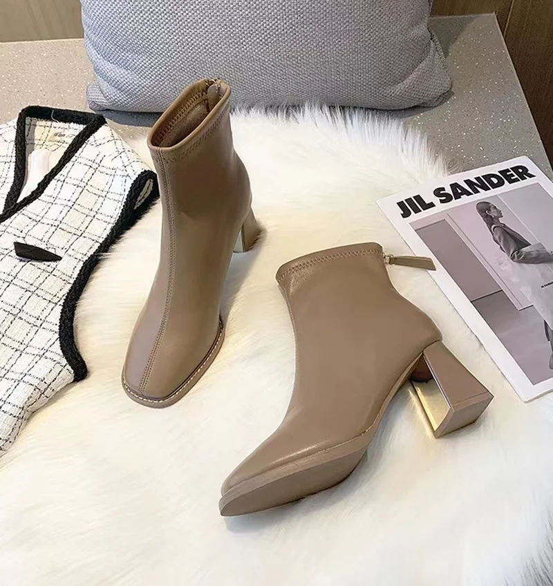 

2023 Autumn Square Toe Short Boots Women's High-heeled Ankle Boots Womens Platform Heels Shoes Mid-heeled Boots Women Spring New