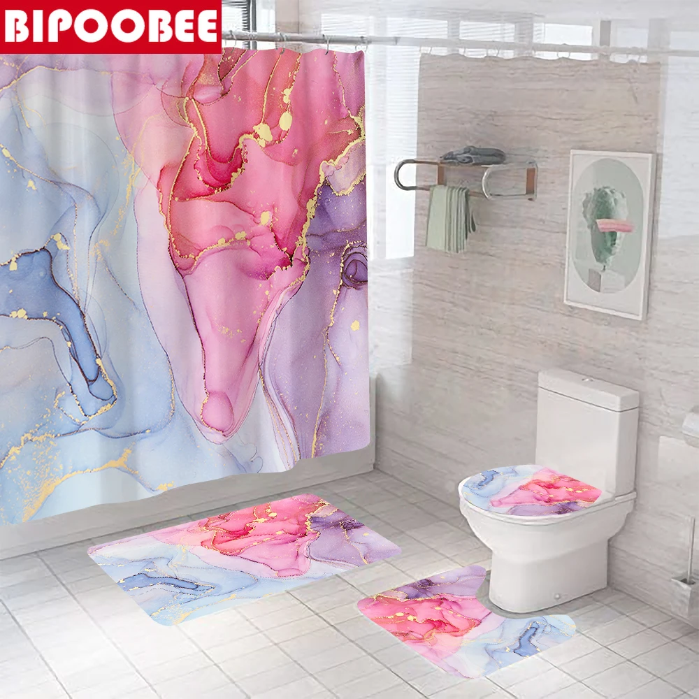

Texture Luxury Stone Grain Shower Curtain Bathroom Curtains Set Abstract Marble Print Bath Mats Non-Slip Carpet Toilet Cover Lid