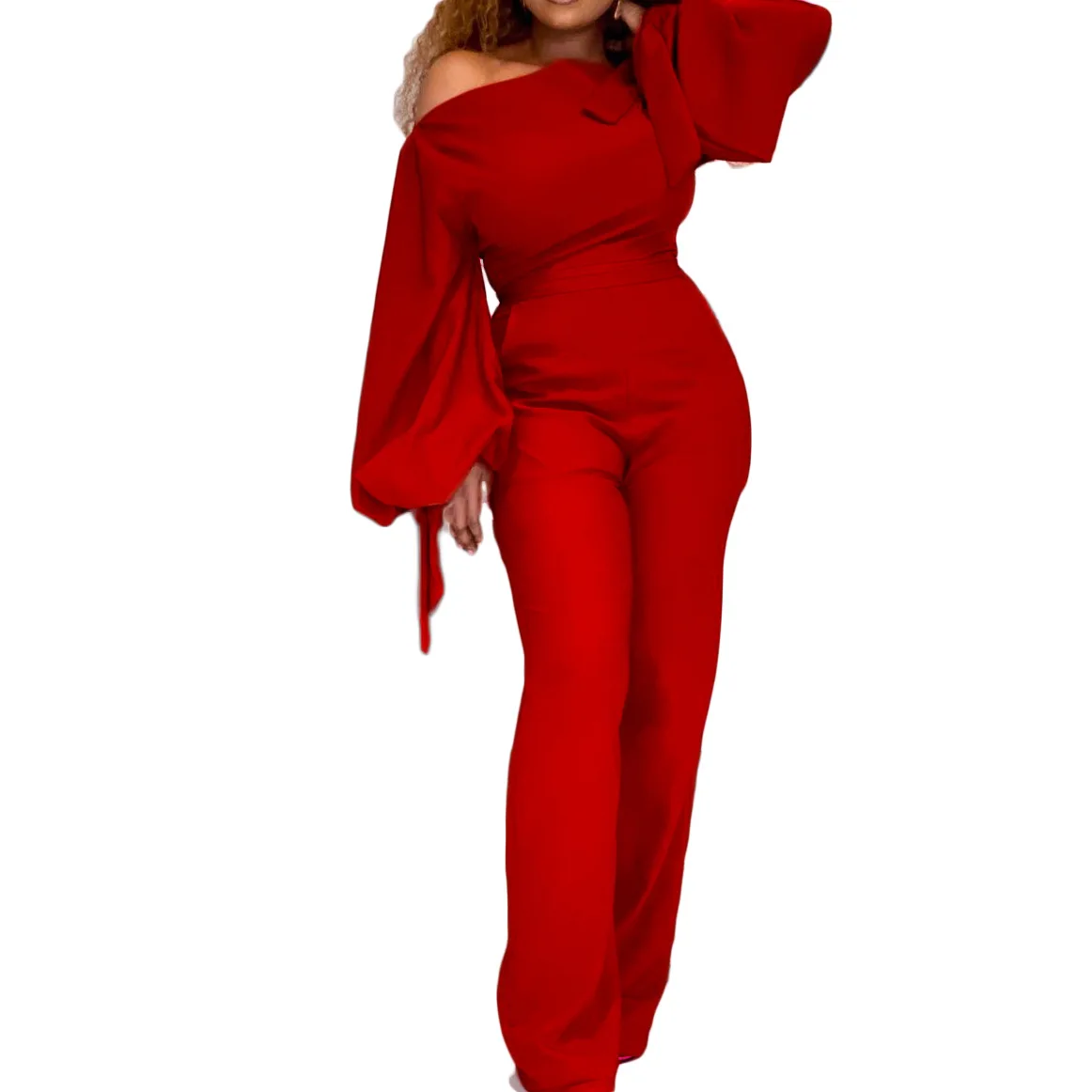 2023 Women Jumpsuit Solid Off Shoulder High Waist Long Lantern Sleeves Office Ladies Elegant Female African Fashion XXL New