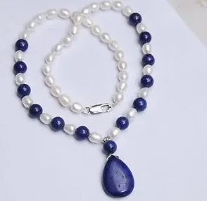 

Natural 7-8MM White Akoya Pearl / Lapis Lazuli Pendant Necklace 18"