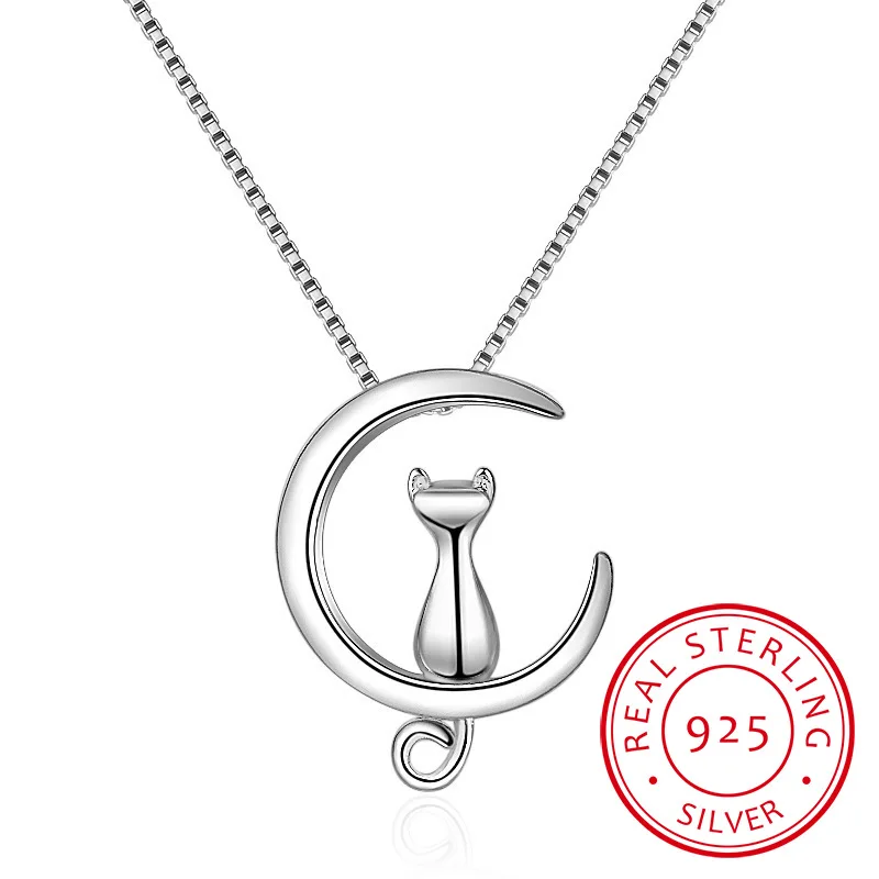 

Cat Moon Silver Pendant Necklace 925 Sterling Silver Choker Statement Necklace Women Silver 925 Jewelry TIEEYINY