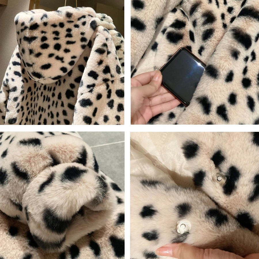 Winter Hooded Leopard Print Rex Rabbit Faux Fur Coat Women Plush Warm Thick Overcoat Furry Soft Cotton Padd Outwear Top Jackets
