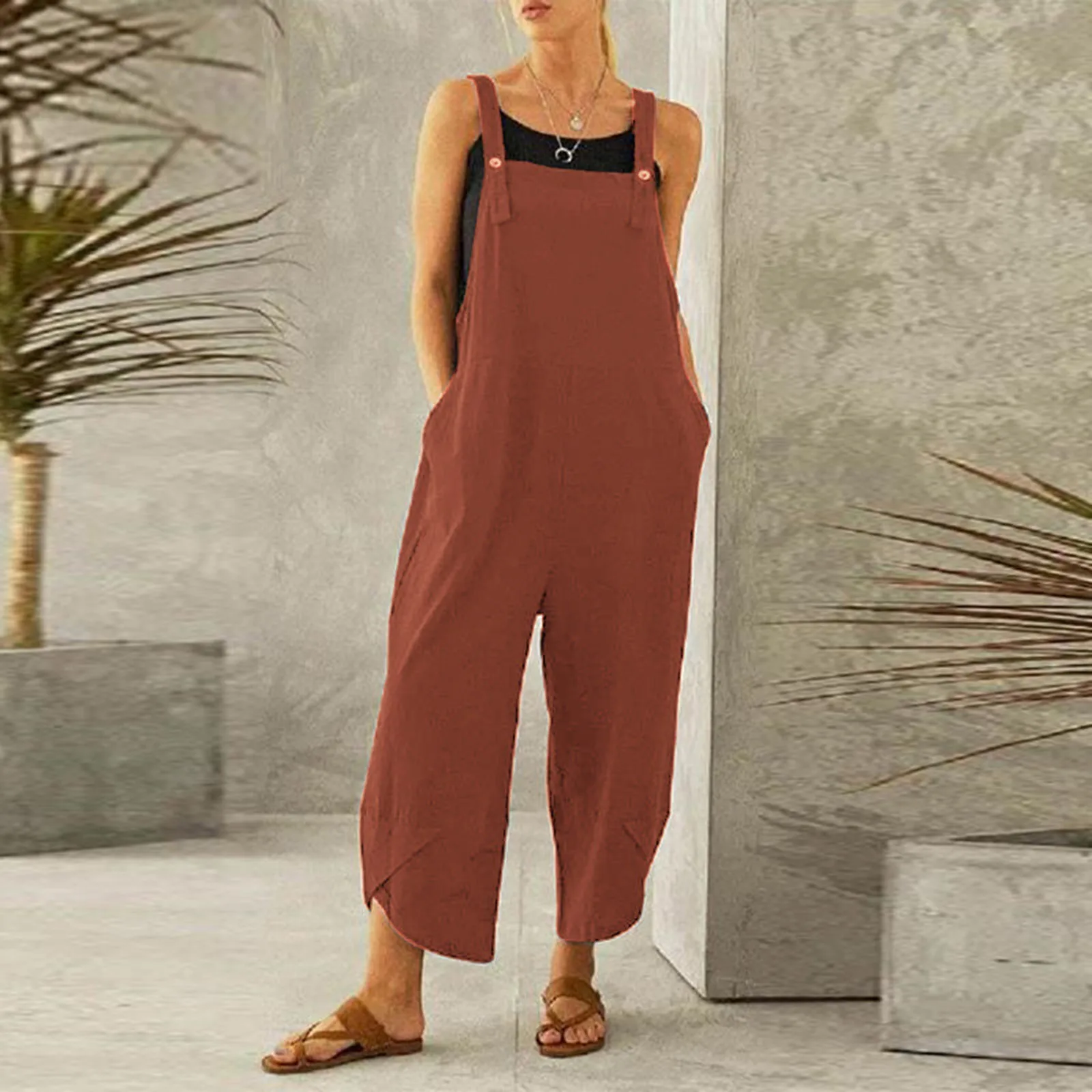 

Womens Sleeveless Dungarees Rompers Cotton Linen Jumpsuit Loose Preppy Style Pants Casual Pocket Overalls Playsuits 4XL
