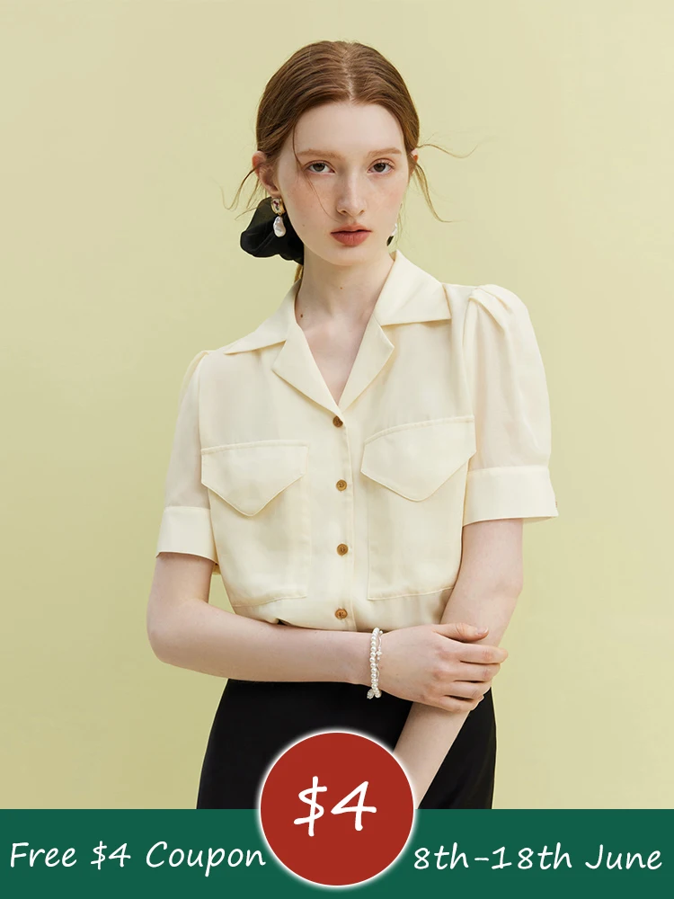 

Блузка женская из тенсела с коротким рукавом и английским воротником