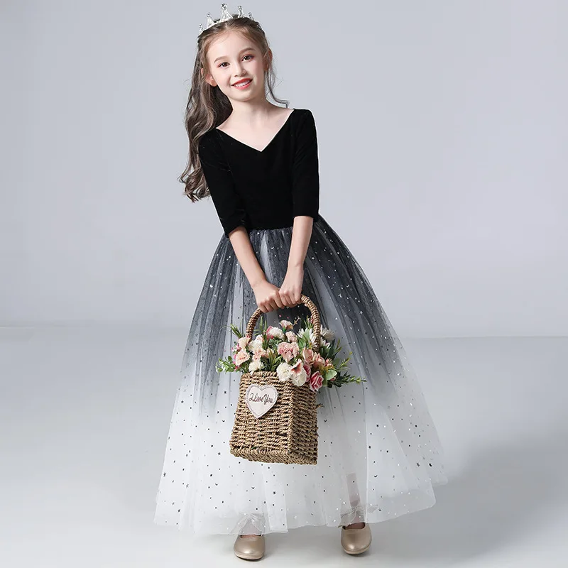 

Girls Princess Dress Gradient Color 2022 Little Girl Host Piano Performance Costume Catwalk Children Evening Dress