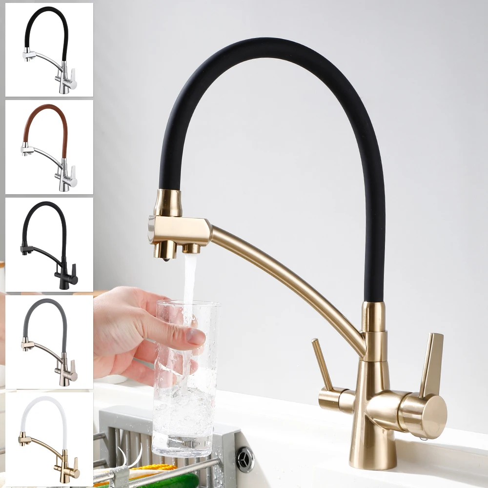 

MYNAH Kitchen Purified Faucet 360 Degree Dual Holes Spout Black Chrome Hot and Cold Water Column Shower Mode Sink Mixer Taps