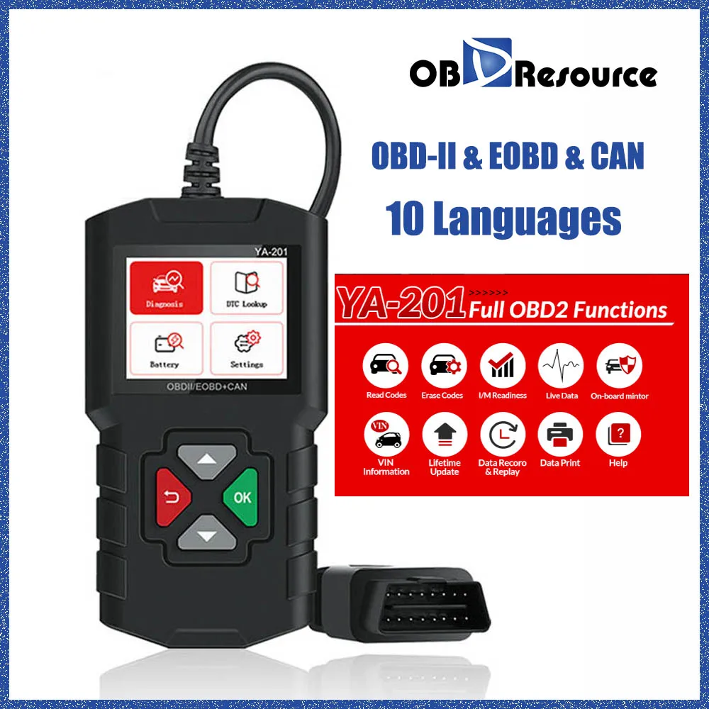 Считыватель автомобильных кодов obdresources, сканер OBD2 YA201 OBDII 12 В, инструмент для диагностики неисправностей автомобильного двигателя, бесплатное обновление срока службы