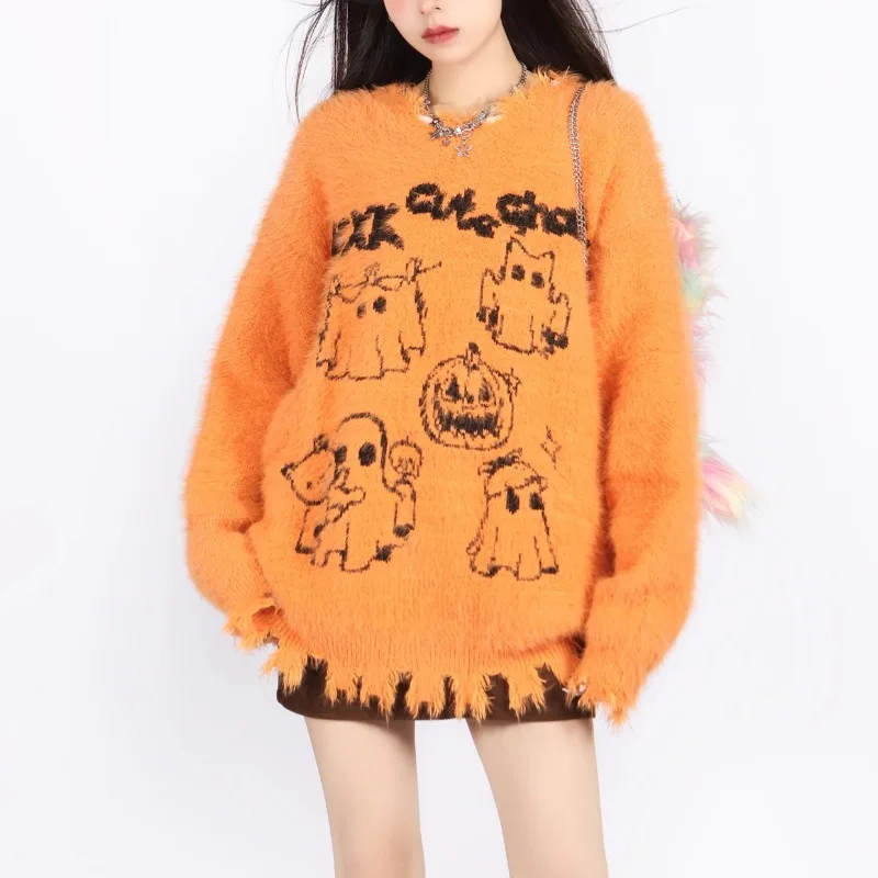 

DEEPTOWN Halloween Sweater Women's Autumn Winter Vintage Cute Pumpkin Loose Irregular V-neck Mohair Knitted Sweater Streetwear