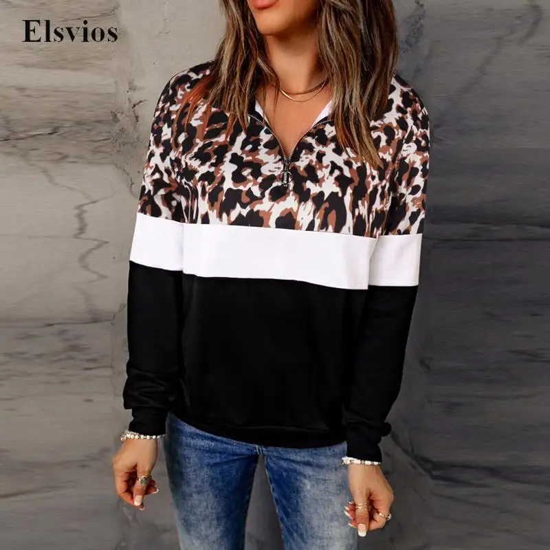 

Винтажные свободные топы с отложным воротником, пуловер на молнии, модные Лоскутные свитшоты с леопардовым принтом, Повседневная Женская т...