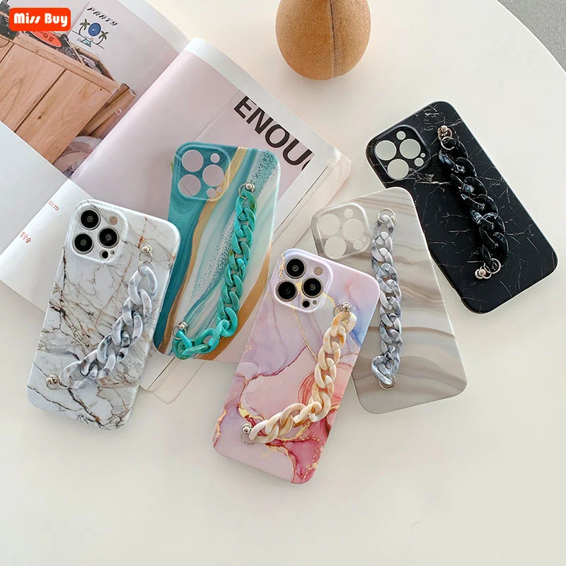 

Fashion Marble Wrist Band Bracket Case for iPhone 13 12 11 Pro 12 Mini Max X Xs Xr 7 8 Plus SE 2020 Slim Protection Back Cover
