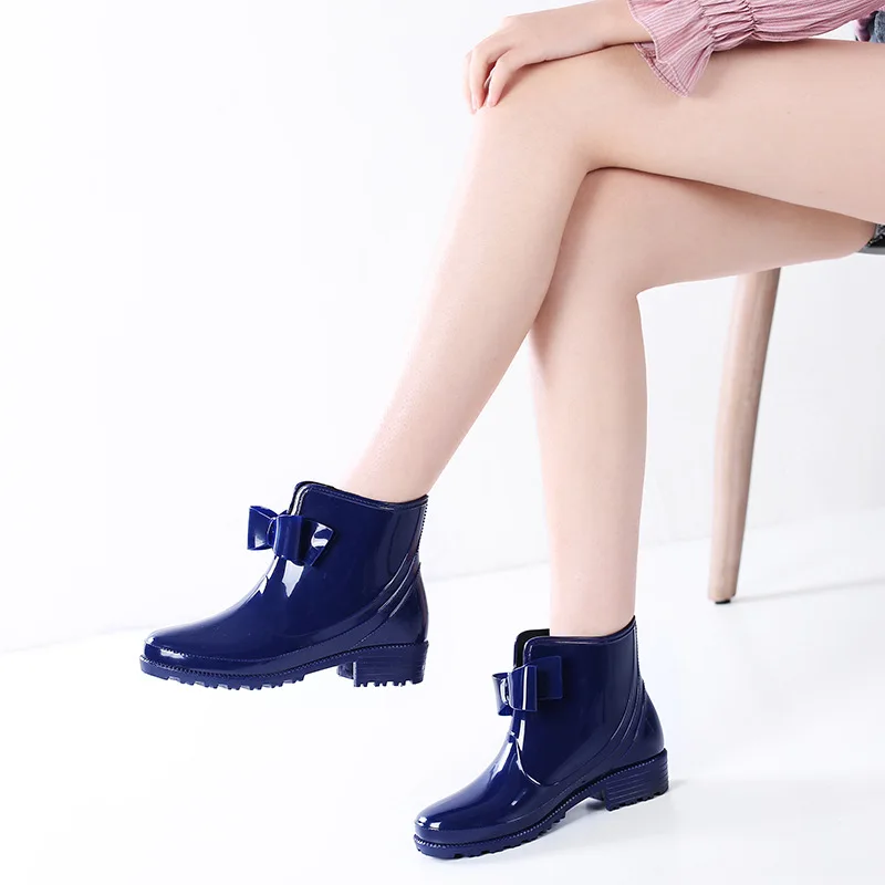 Boots Women Short Tube Women's Rain Boots Waterproof Non-slip Flat Heel Student Boots Plastic Bow All-match Water Shoes Rain
